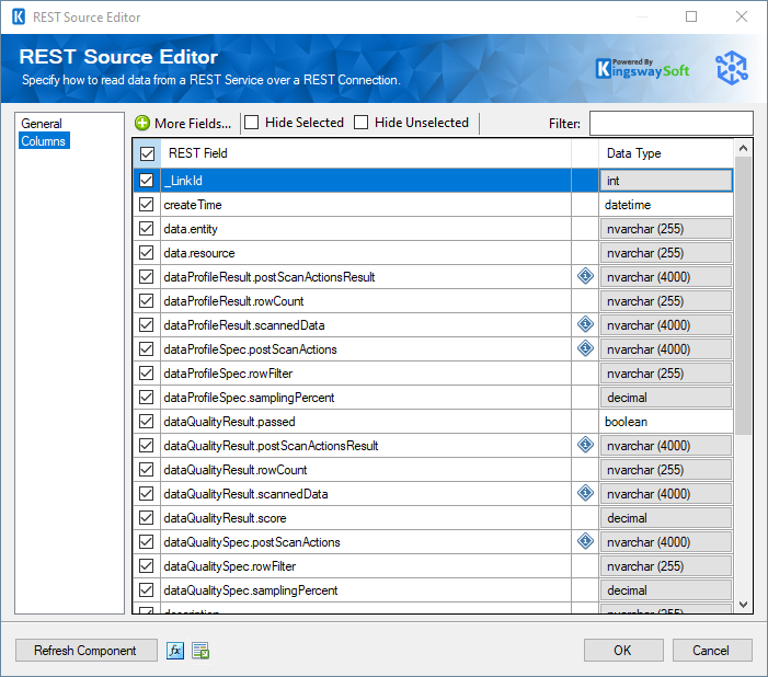 Google Dataplex Rest Source Component - Columns
